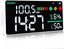 Load image into Gallery viewer, Decibel Meter Wall Mounted Hanging and Desktop Sound Level Meter, 11 inch LED Large Display Noise Meter Decibel Time Temperature Humidity Meter with Alarm Icons Indicator for Classroom,Home, Studio
