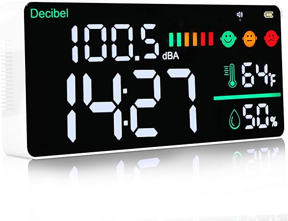 Decibel Meter Wall Mounted Hanging and Desktop Sound Level Meter, 11 inch LED Large Display Noise Meter Decibel Time Temperature Humidity Meter with Alarm Icons Indicator for Classroom,Home, Studio