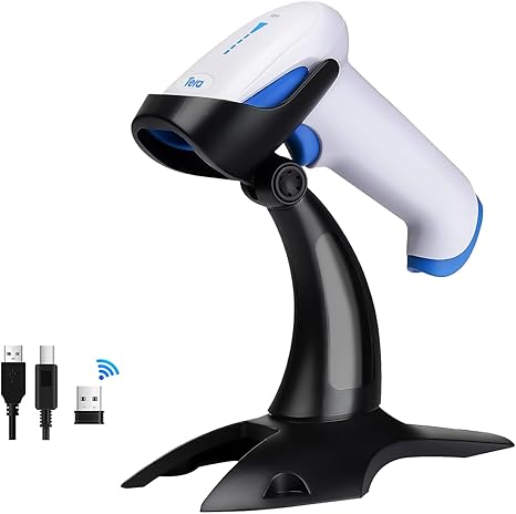 Tera Barcode Scanner Wireless 1D 2D QR with Stand: Battery Level Indicator 3 in 1 Works with Bluetooth 2.4G Wireless USB Wired Handheld Bar Code Reader with Vibration Alert HW0002 White