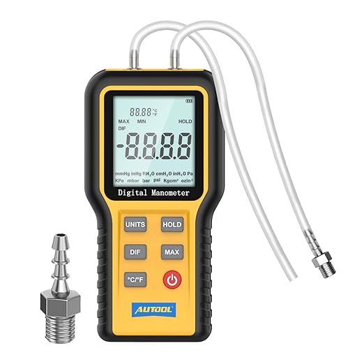 AUTOOL Digital Manometer, Dual-Port Manometer Gas Pressure Tester, Handheld HVAC Manometer, 12 Selectable Units Differential Pressure Gauge, Large LCD Display with Backlight