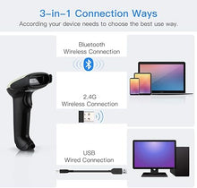 Load image into Gallery viewer, Eyoyo Wireless 2D QR Barcode Scanner with Stand, Bluetooth &amp; 2.4G Wireless &amp; USB Wired Handheld Barcode Reader with 1D 2D Screen Scanning Auto Sensing Connect Smart Phone Tablet PC
