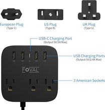 Load image into Gallery viewer, European Travel Plug Adapter, FOVAL EU UK US Power Strip with USB C and 4 USB Ports, 3 AC Outlets, Wall Mountable, 5ft Extension Cord, Compact for Travel, Cruise Ship, Home Office (Black)

