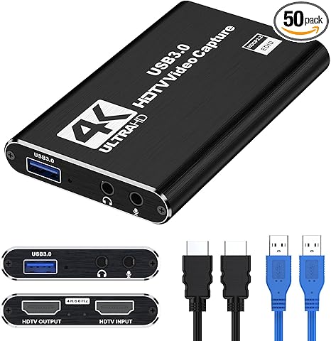 4K HDMI Capture Card for Streaming, Full HD 1080P 60FPS Capture USB 3.0 Audio Video Capture Card,for Switch/PS4/PS5/Xbox, Plug and Play, Works on Laptop, PC, Mac