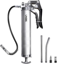 Load image into Gallery viewer, UTOOL Grease Gun, 8000 PSI Heavy Duty Pistol Grip Grease Gun Kit with 14 oz Capacity, 18 Inch Resin Flex Hose, 2 Basic Coupler, 2 Extension Rigid Pipe and 1 Sharp Type Nozzle, Argent Matte Finish
