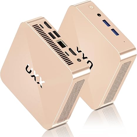 Mini PC, N5095 Desktop Computer, 8GB DDR4X RAM/256GB M.2 2280 SSD+Expandable M.2 2242 SSD+M.2 WiFi, 4K Triple Display with Mouse/USB/BT/LAN/HD/Type-C/Metal Frame, Gold