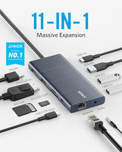 Load image into Gallery viewer, Anker USB C Hub, PowerExpand 11-in-1 Docking Station, with 4K@60Hz HDMI and DP, 100W Power Delivery, USB-C and 3 USB-A Data Ports, 1 Gbps Ethernet, 3.5mm Audio, microSD and SD Card Reader
