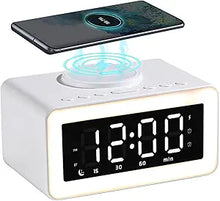 Load image into Gallery viewer, Digital Clock Bluetooth Speaker Alarm Clock with Wireless Charging, Dual Alarm, LED Night Light, 12/24 Hour, Snooze, USB Port, 2000mAh Battery - LED Clocks for Bedroom and Home (White)
