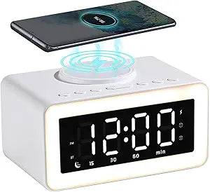 Digital Clock Bluetooth Speaker Alarm Clock with Wireless Charging, Dual Alarm, LED Night Light, 12/24 Hour, Snooze, USB Port, 2000mAh Battery - LED Clocks for Bedroom and Home (White)