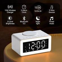 Load image into Gallery viewer, Digital Clock Bluetooth Speaker Alarm Clock with Wireless Charging, Dual Alarm, LED Night Light, 12/24 Hour, Snooze, USB Port, 2000mAh Battery - LED Clocks for Bedroom and Home (White)
