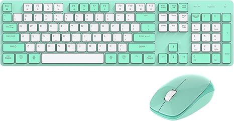 Wireless Keyboard and Mouse Combo, 2.4G USB Ergonomic Quiet Keyboard with Tilt Legs Design, Full-Sized Green Cute Silent Keyboard Mouse for Windows, Mac OS, Computer, Laptop, PC - Green White