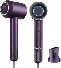 Load image into Gallery viewer, 7MAGIC High-Speed Hair Dryer, 110,000RPM Brushless Motor for Fast Drying, 1400W Blow Dryer with Tri-Colour LED Light Ring, Low Noise Ionic Hair Dryer for Home and Travel, Magnetic Nozzle, Purple
