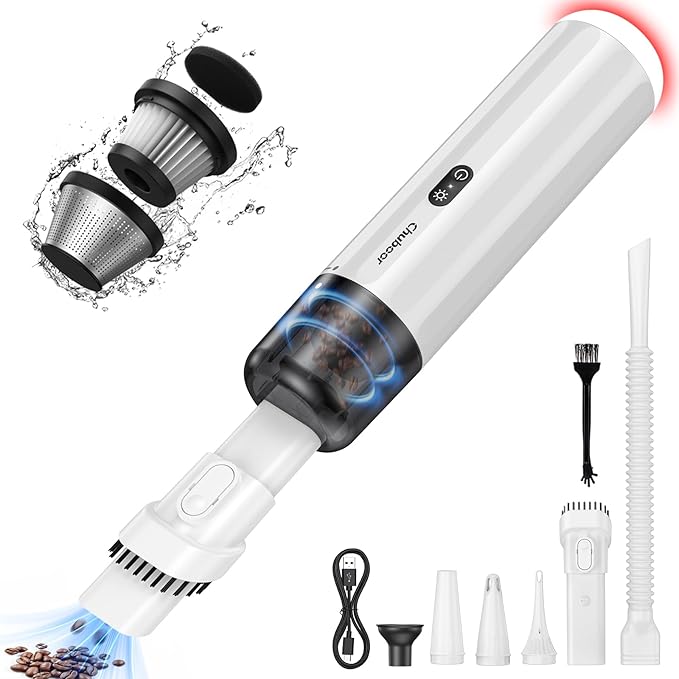 Chuboor Car Vacuum Cleaner High Power Cordless Rechargeable, 13000PA Powerful Handheld Vacuum, Portable Mini Vacuum with LED SOS Light, Small Hand Held Vacuuming Cordless, Dust Busters(P16-White)