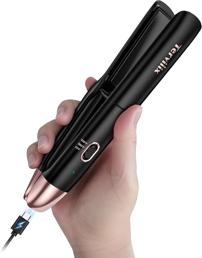 Terviiix Cordless Hair Straightener, 2-in-1 Mini Flat Iron & Curler, 430°F Max, Rechargeable Mini Hair Straightener with 4500mAh Battery, Argan Oil-Infused, Portable for Short Hair, Travel-Friendly