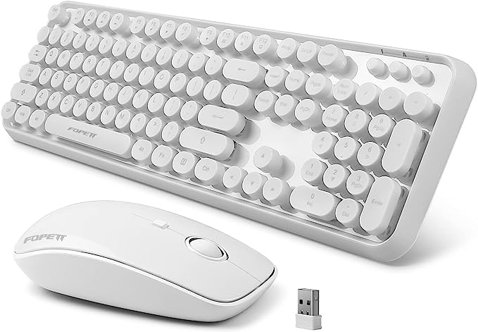 FOPETT V2020 Wireless Keyboard and Mouse Sets,White Retro Style Keyboard with Round Keycaps,2.4GHz Dropout-Free Connection Mouse with 3 Adjustable DPI,Long Battery Life for Windows,Notebook,PC