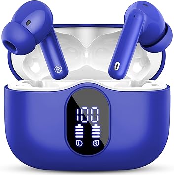 Wireless Earbuds Bluetooth 5.3 Headphones Bass Stereo Ear Buds with Noise Cancelling Mic LED Display in Ear Earphones IP7 Waterproof 36H Playtime for Laptop Pad Phones Sports Workout Blue