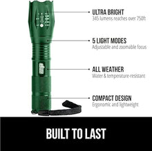 Load image into Gallery viewer, Gorilla Grip Powerful LED 750 FT Water Resistant 5 Adjustable Mode Tactical Flashlight, High Lumens Ultra Bright Zoom Flashlights, Stocking Stuffer Gift, Small Camping Car Mini Flash Light, Green
