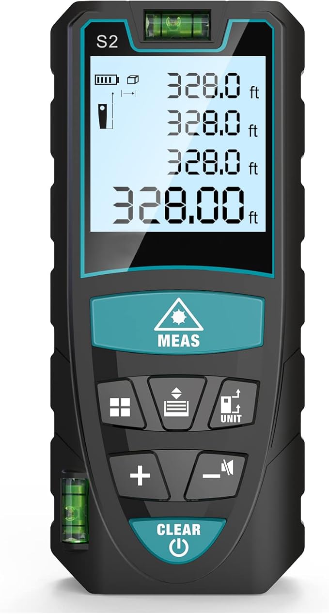 Laser Measure,RockSeed 328 Feet Digital Laser Distance Meter with 2 Bubble Levels,M/in/Ft Unit Switching Backlit LCD and Pythagorean Mode, Measure Distance, Area and Volume (328 Feet)