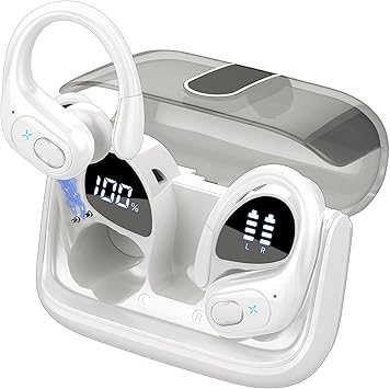 Wireless Earbuds 75hrs Bluetooth 5.3 Headphone Sport, 2024 Bluetooth Earbuds Stereo Deep Bass Over Ear Bud with Earhooks, ENC Noise Cancelling Mic, IPX7 Waterproof Earphone White