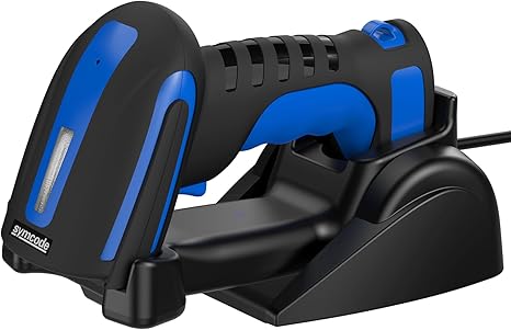 Symcode 2D Bluetooth Barcode Scanner with Wireless Charging Stand, 1968 Feet Transmission Distance 433Mhz Wireless & Bluetooth Barcode Reader, Shock Dust Proof Hands Free Bar Code Scanner Blue