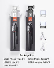 Load image into Gallery viewer, 2 Pack 51”Phone Tripod for iPhone with Light, Cell Phone Tripod Stand with Detachable Remote Control, Selfie Stick Compatible with iPhone Android Smartphone for Vlog Video Recording
