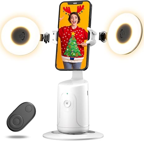 Auto Face Tracking Tripod, 360° Rotation Auto Tracking Phone Holder with 2 Cold Shoes, No App, Rechargeable Phone Camera Mount with Remote and Gesture Control for Video Recording