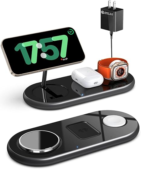 2025 Upgraded 3 in 1 Charging Station for Apple Devices, Fast Magnetic Mag-Safe Wireless Charger Stand for iPhone 16/15/14/13/12 Series & Apple Watch 1-9/Ultra & AirPods Pro (Black)