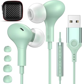 USB Headphones with Microphone for Laptop, 7.5ft Magnetic Wired Earbuds Noise Canceling in-Ear Earphones with Mute Volume Control Stereo Bass for PC Desktop Dell HP Acer Laptop Meetings,Teens,Green