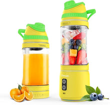 Load image into Gallery viewer, Portable Blender, Anti-Jamming 300 Watt for Shakes and Smoothies, 24oz Travel Blender USB Rechargeable, BPA Free Sporty bottle with a Travel Lid. (Yellow Base Green Lid)
