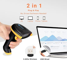 Load image into Gallery viewer, Tera Barcode Scanner Wireless Versatile 2-in-1 (2.4Ghz Wireless+USB 2.0 Wired) with Battery Level Indicator, 328 Feet Transmission Distance Rechargeable 1D Laser Bar Code Reader Handheld 5100 Yellow
