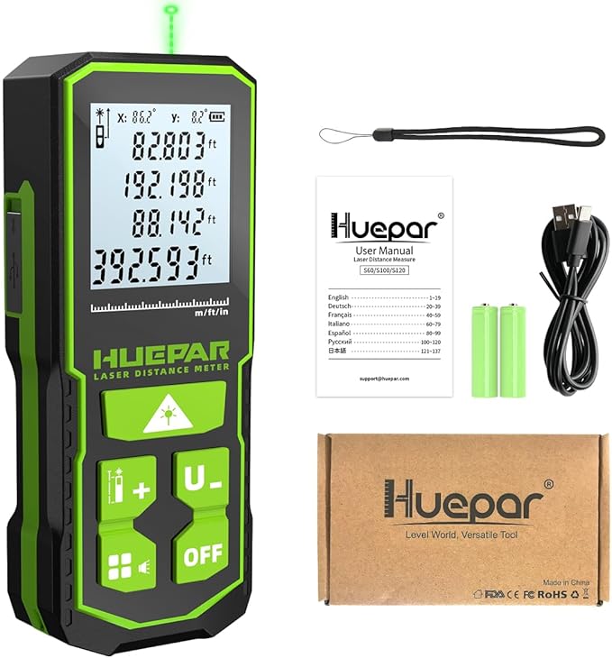 393FT Professional Green Laser Measuring Tool with Angle Sensor, Huepar 1/16in Accuracy Laser Distance Measurement Tool, Digital Laser Room Measuring Device, Laser Distance Meters