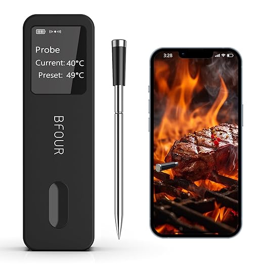 BFOUR Bluetooth Meat Thermometer Wireless with Waterproof Probe, Wireless Meat Thermometer Digital with LCD Display Booster, Digital Meat Thermometer for Cooking Food Oven BBQ Grill Smoker Thermometer