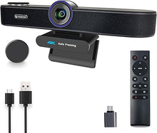 Load image into Gallery viewer, 4X Digital Zoom 4K Webcam with Microphones and Speaker, ePTZ Web Camera with Remote Control and Dual Stereo Mics AI Auto Framing Conference Webcam for Zoom, Skype, OBS, YouTube…
