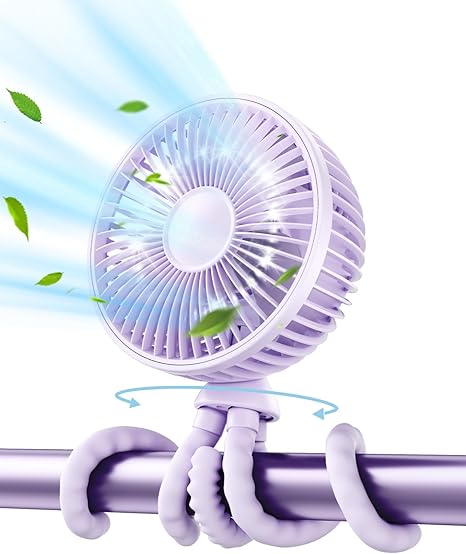 Gaiatop Baby Stroller Fan, 4000mAh Oscillating Mini Portable Fan with Light, 4 Speeds Battery Operated Small Handheld Desk Fan, 360° Rotate Flexible Tripod Clip On Fan for Car Seat Crib Travel Purple