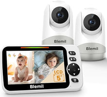 Load image into Gallery viewer, Upgrade Baby Monitor with 30-Hour Battery, 5&quot; Large Split-Screen Video Baby Monitor with 2 Cameras and Audio, Remote Pan/Tilt/Zoom, Two-Way Talk, Room Temperature, Auto Night Vision
