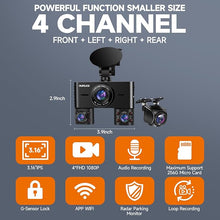 Load image into Gallery viewer, 360 Dash Cam Front and Rear Inside, 4 Channel Dash Camera for Cars FHD 1080Px4, Built-in Wi-Fi, 3.16” IPS Screen, WDR Night Vision, Included 64GB Card, 24H Parking Mode
