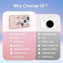 Load image into Gallery viewer, 4K Digital Camera, 64MP Auto Focus Vlogging Camera with 64GB SD Card, 18X Digital Zoom Compact Camera for Photography, Point and Shoot Video Camera for Teens Boys Girls, Pink
