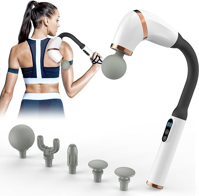 Massage Gun with Upgraded Extended Handle, U-Shaped Back Massager for Pain Relief Deep Tissue with 6 Massage Heads, Massage Gun Deep Tissue with LED Screen, 3 Modes & 6 Speed Levels