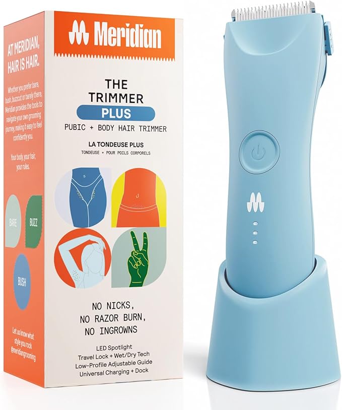 MERIDIAN Trimmer Plus Body Hair Manscaping Trimmer, Adjustable Guard, USB C Charging, Flash Light, Travel Lock, Charging Dock, Bikini Trimmer, Mens Body Hair Trimmer - Sky