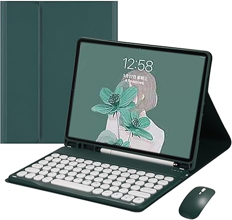 HENGHUI Keyboard Mouse for Galaxy Tab A8 10.5 inch Tablet 2022 SM-X200/X205/X207 Keyboard Case Cute Round Key Color Keyboard Wireless Detachable BT Keyboard Cover (DarkGreen)