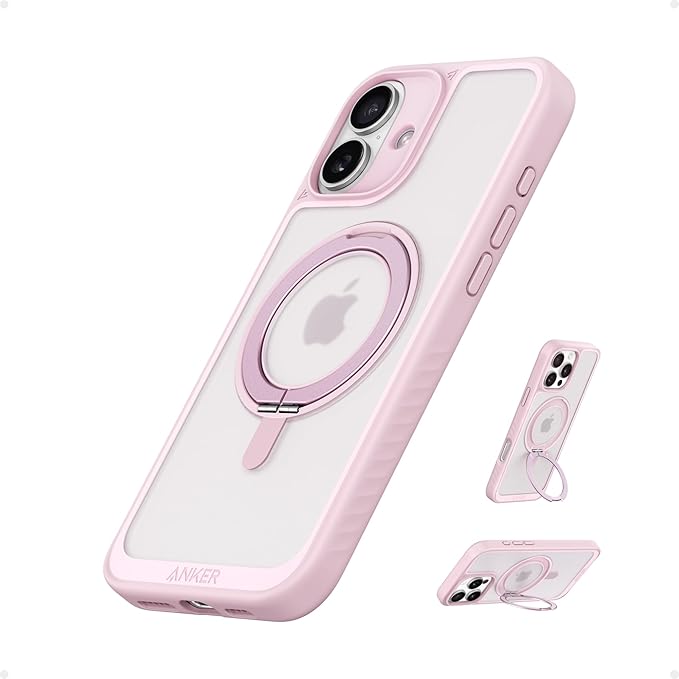 Anker Ultra Magnetic for iPhone Case with Sturdy 360° Ring Stand, Military-Grade Shockproof Kickstand Compatible with MagSafe (for iPhone 16 Plus, Pink)