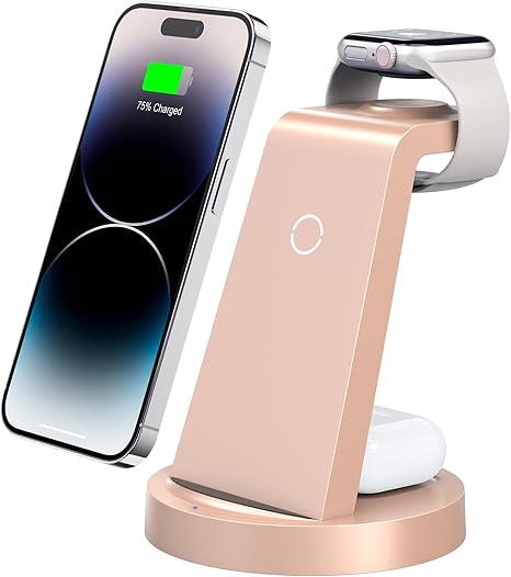 3 in 1 Charging Station for iPhone, Wireless Charger for iPhone 16 15 14 13 12 11 X Pro Max & Apple Watch - Charging Stand Dock for AirPods (Rose)