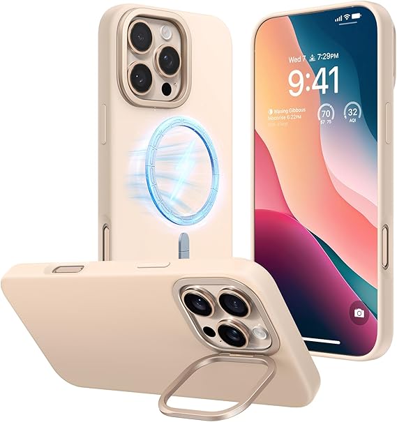 TORRAS Case for iPhone 16 Pro Case Silicone, Compatible with MagSafe, Liquid Silicone Case with Stand, Soft Grip 12FT Shockproof 16 Pro Case, Anti-Scratch Microfiber Lining 6.3'', Desert Titanium