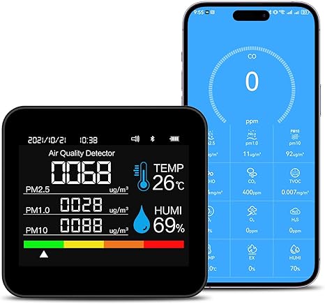 9-in-1 Indoor Air Quality Monitor: Detects PM2.5, PM1.0, PM10, CO2, CO, TVOC, HCHO, Temperature & Humidity for Home, Office, School & Hotel