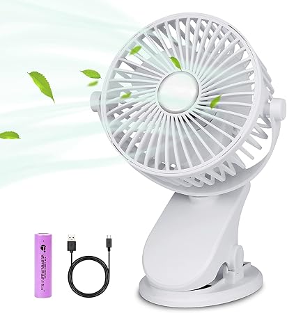 Battery Operated Clip on Stroller Fan, Portable Mini Desk Fan Rechargeable, USB Powered Clip Fan for Baby Stroller Office Outdoor Travel, White