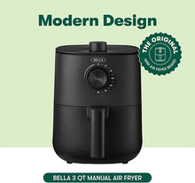 Load image into Gallery viewer, BELLA 3 Qt Manual Air Fryer Oven and 5-in-1 Multicooker with Removable Nonstick and Dishwasher Safe Crisping Tray and Basket, 1400 Watt Heating System, Matte Black
