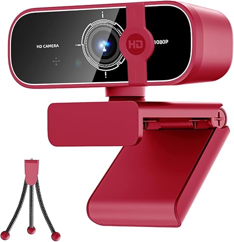 C28 1080P Webcam with Privacy Cover and Tripod Stand, PC Camera with Noise-Canceling Mic, Auto Light Correction,Plug and Play, Web Camera for Streaming, Zoom/Skype/Facetime/YouTube,Red