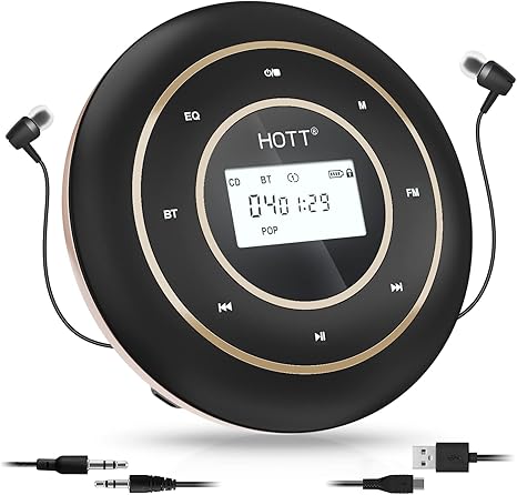 HOTT Portable CD Player Bluetooth and FM Transmitter Rechargeable Compact CD Player with Touch Buttons Backlit Display, C105 Black