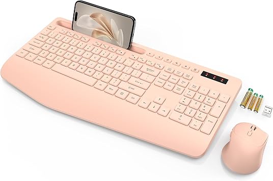 SABLUTE Wireless Keyboard and Mouse, Wrist Rest, Phone Holder, Batteries Included, 2.4G Lag-Free Ergonomic Keyboards Mouse Combo, Silent Cordless Set for Computer, Laptop, Mac, Windows, Champagne Pink