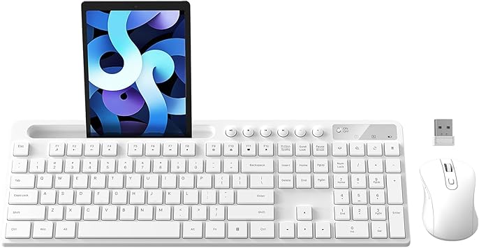 Wireless Keyboard and Mouse Combo, MARVO 2.4G Ergonomic Wireless Computer Keyboard with Phone Tablet Holder, Silent Mouse with 6 Button, Compatible with MacBook, Windows (White)