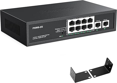 8 Port Full Gigabit PoE+ Switch with Rack Mount Ears, with 2 Gigabit Uplink Ports Up to 30W Per PoE Port, Total Budget 120W, 48 Volt 803.af/at Compliant, Compatible with PoE IP Cameras VOIP Phones